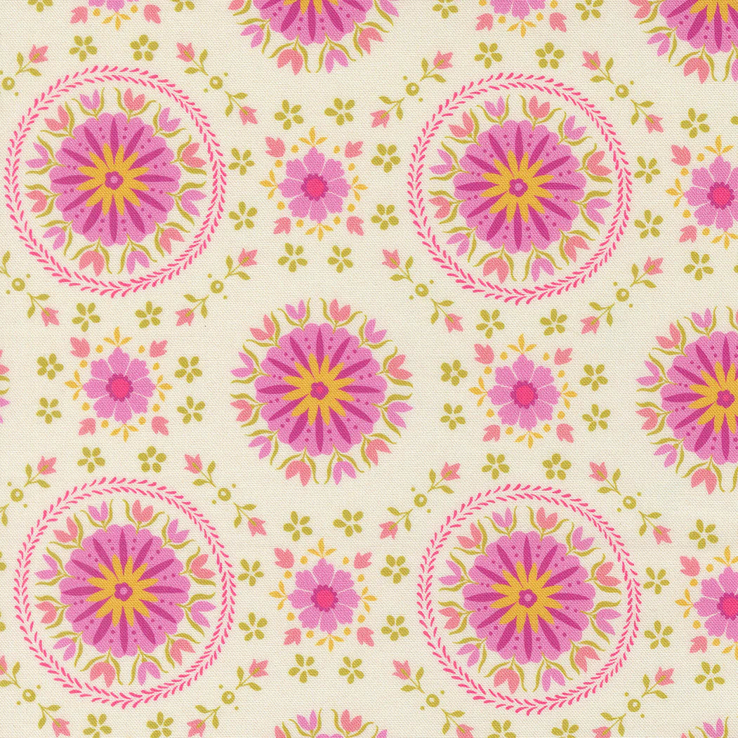 Parlor Mandala fabric in cream by Crystal Manning for Moda Fabrics - 100% cotton quilting fabric featuring vibrant bohemian mandala print
