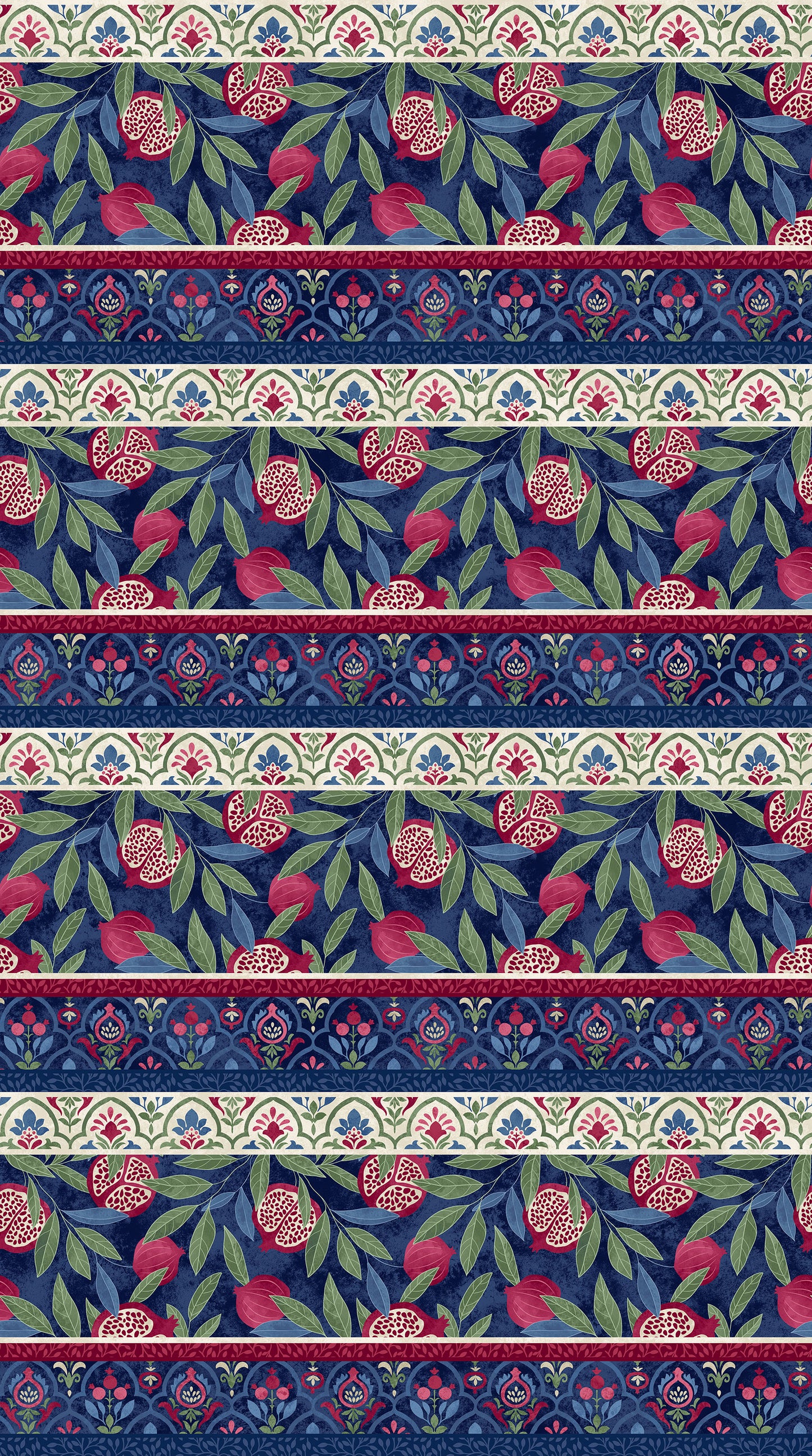 Pomegranate Border Stripe fabric in navy by Northcott Studios - 100% cotton quilting fabric featuring decorative border stripe print