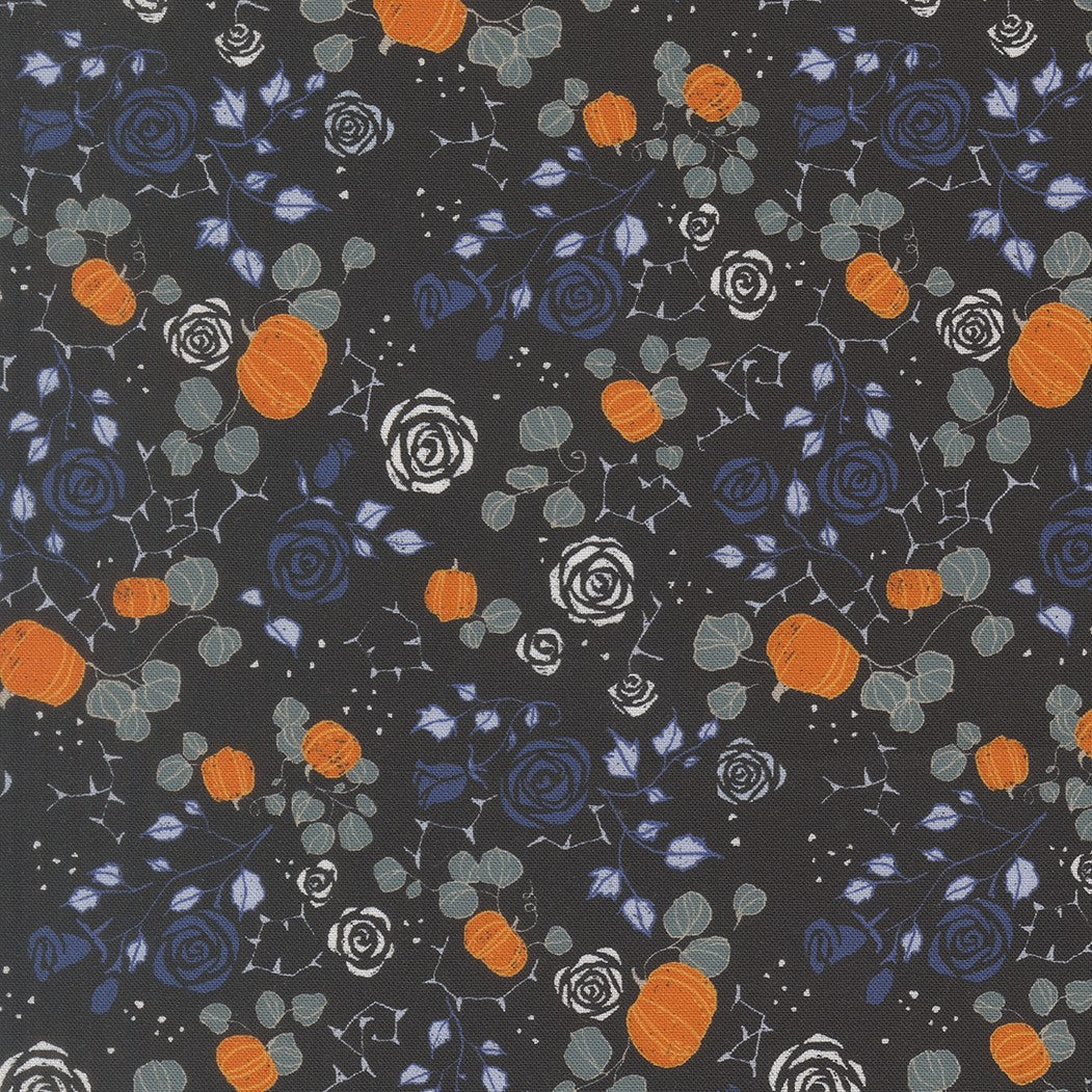 A repeating floral and pumpkin pattern on a dark charcoal background, featuring orange pumpkins, blue roses, white roses, and muted green leaves with delicate vine details.