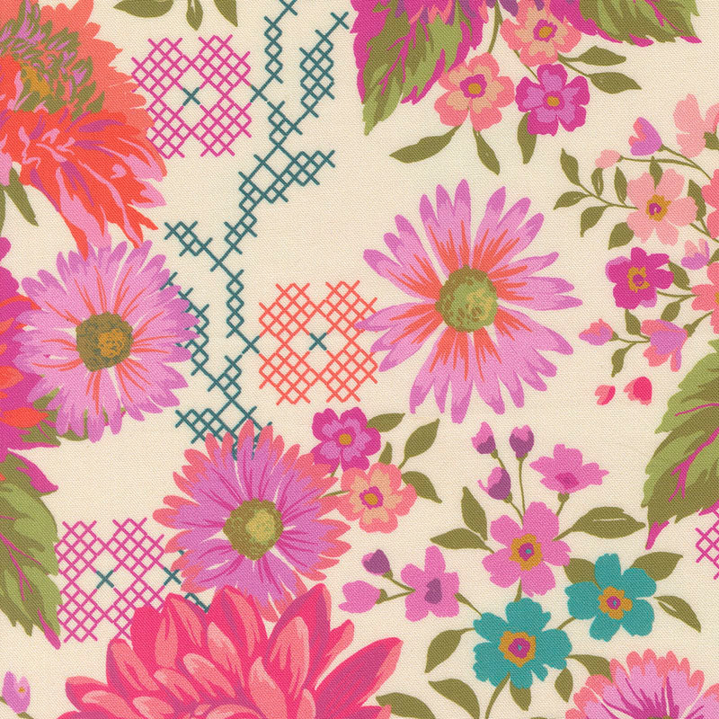 Parlor Happy Blooms fabric in cream by Crystal Manning for Moda Fabrics - 100% cotton quilting fabric featuring vibrant bohemian floral print