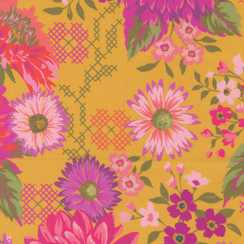 Parlor Happy Blooms fabric in dijon by Crystal Manning for Moda Fabrics - 100% cotton quilting fabric featuring vibrant bohemian floral print