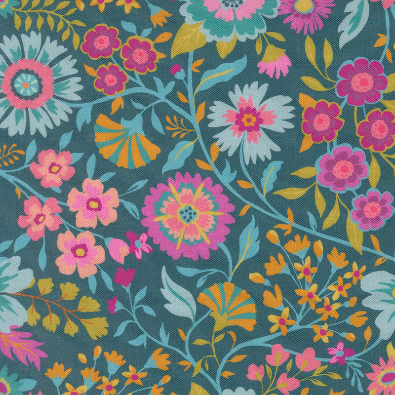 Parlor Wild and Free fabric in peacock by Crystal Manning for Moda Fabrics - 100% cotton quilting fabric featuring vibrant bohemian print