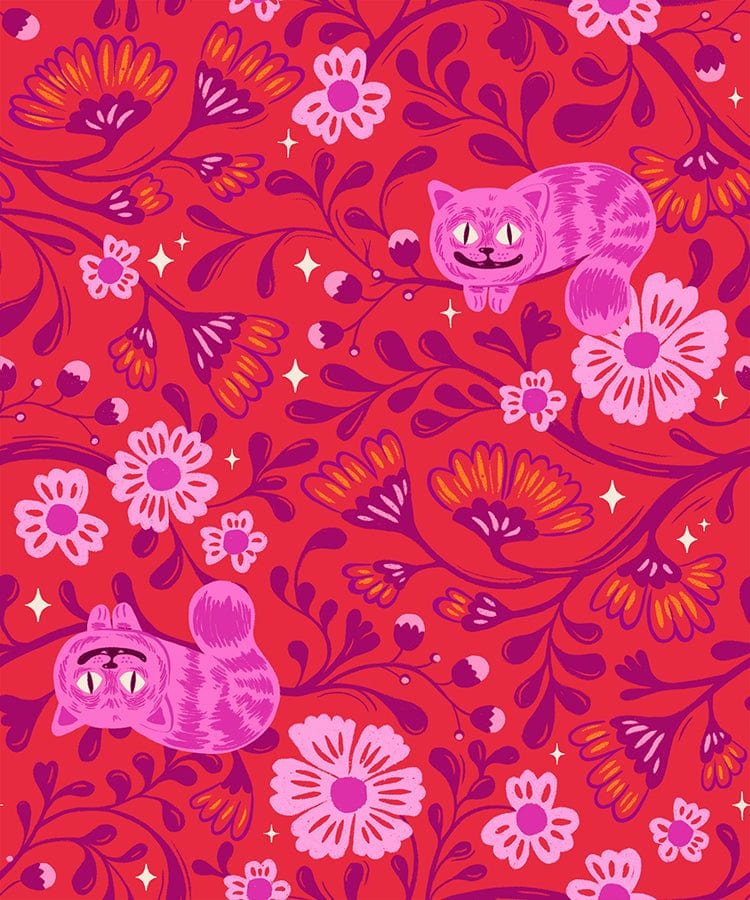 Hello Alice Cheshire Cat fabric in ruby by Sarah Watts for Ruby Star Society - 100% cotton quilting fabric featuring whimsical Alice in Wonderland Cheshire Cat print