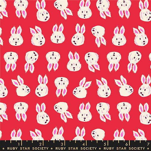 Hello Alice Rushing Rabbit fabric in ruby red by Sarah Watts for Ruby Star Society - 100% cotton quilting fabric featuring whimsical Alice in Wonderland rabbit print