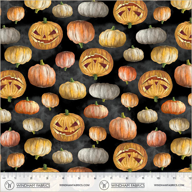 Happy Haunting Jack-O-Lanterns in Night by Leslie Trimbach for Windham Fabrics β deep black Halloween quilting cotton