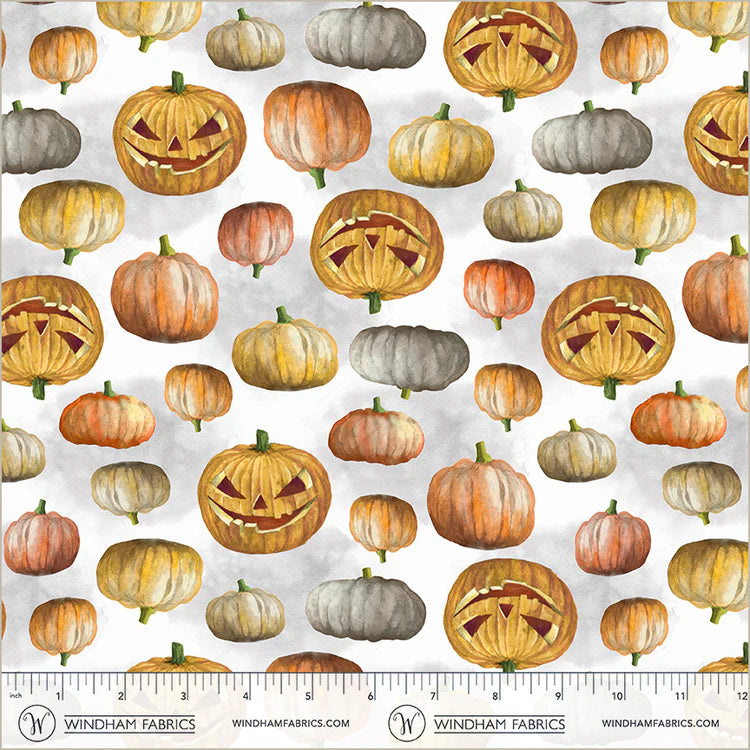 Happy Haunting Jack-O-Lanterns in Mist by Leslie Trimbach for Windham Fabrics — soft grey Halloween quilting cotton