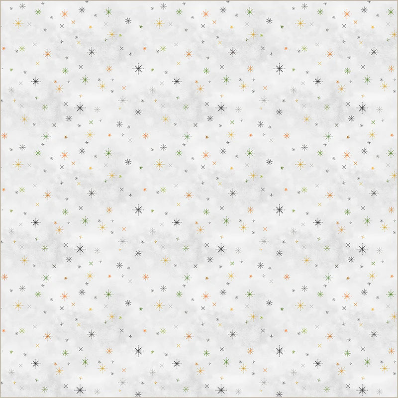 Happy Haunting Twilight Mist by Leslie Trimbach for Windham Fabrics — spiky stars and crosses in black, orange, and green on light grey quilting cotton