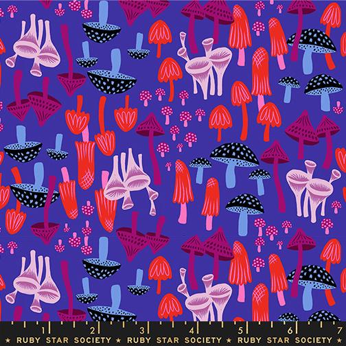 Hello Alice Mushroom Land fabric in blacklight by Sarah Watts for Ruby Star Society - 100% cotton quilting fabric featuring whimsical Alice in Wonderland mushroom print