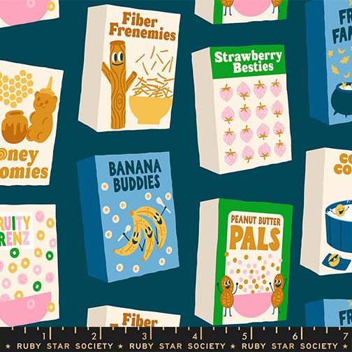 Pattern of colorful packaging boxes with cartoon characters on a blue background, featuring brands like Ruby Star Society.
Ruby Star Society Egg and Friends Part of This Complete Breakfast fabric in galaxy - retro breakfast themed quilting cotton by Kimberly Kight