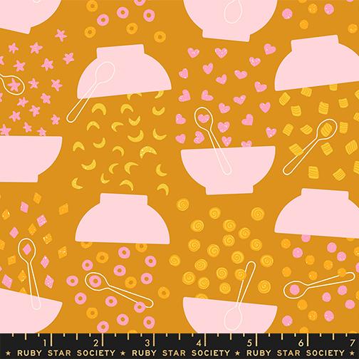 Ruby Star Society Egg and Friends Cereal fabric in honey - retro breakfast food themed quilting cotton by Kimberly Kight