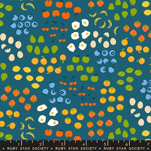 Ruby Star Society Egg and Friends Froot fabric in teal - retro novelty food themed quilting cotton by Kimberly Kight