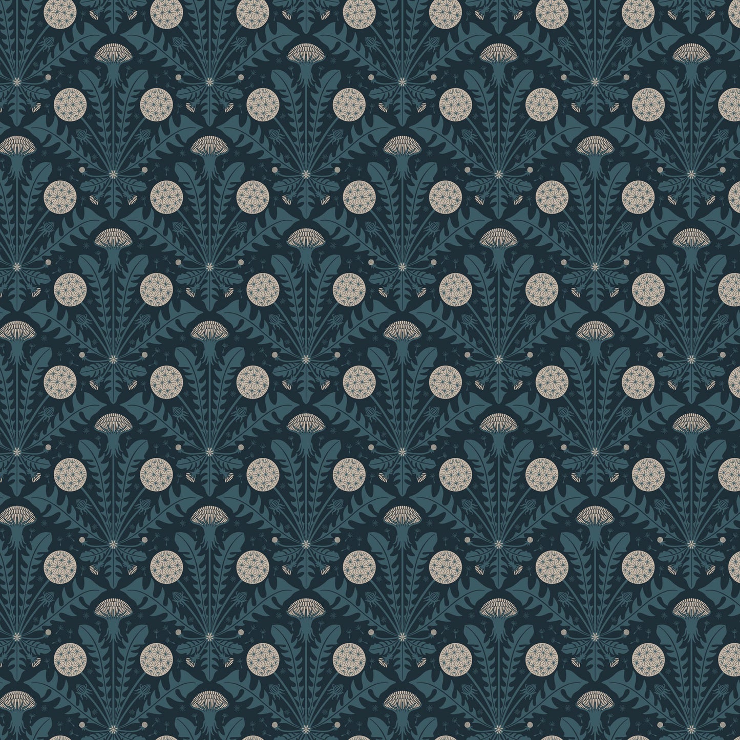 Tender Dandelion fabric in denim by Pippa Shaw for Figo Fabrics - 100% cotton quilting fabric featuring dandelion floral print