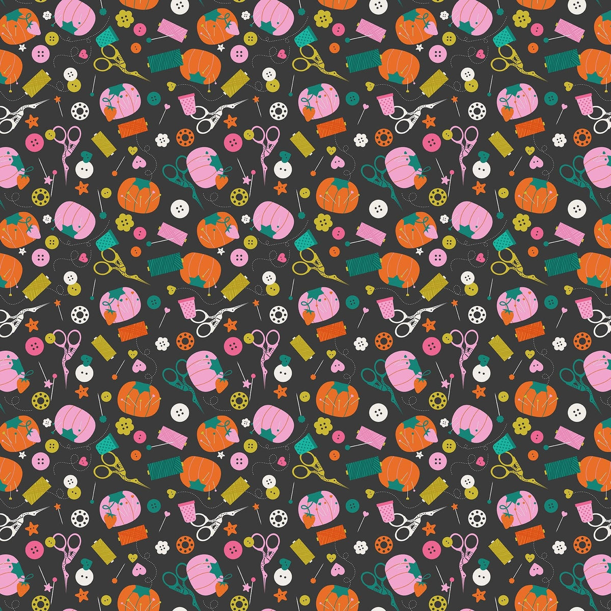 A seamless repeating pattern featuring Halloween-themed sewing and crafting tools, including orange pumpkins, pink bows, scissors, buttons, thread spools, and tape, set against a dark charcoal gray background.