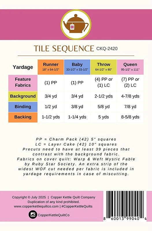 Tile Sequence quilt pattern fabric requirements back of pattern page Copper Kettle Quilt Company