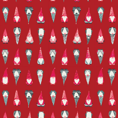 Adventale Playful Gnomes fabric in berry by Katarina Roccella for Art Gallery Fabrics - 100% cotton quilting fabric featuring whimsical Christmas gnome print