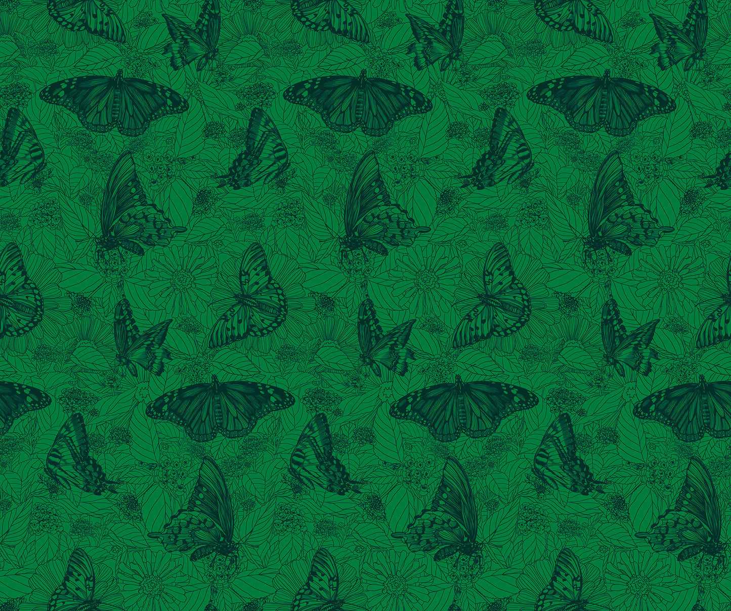Pattern of butterflies on a green background