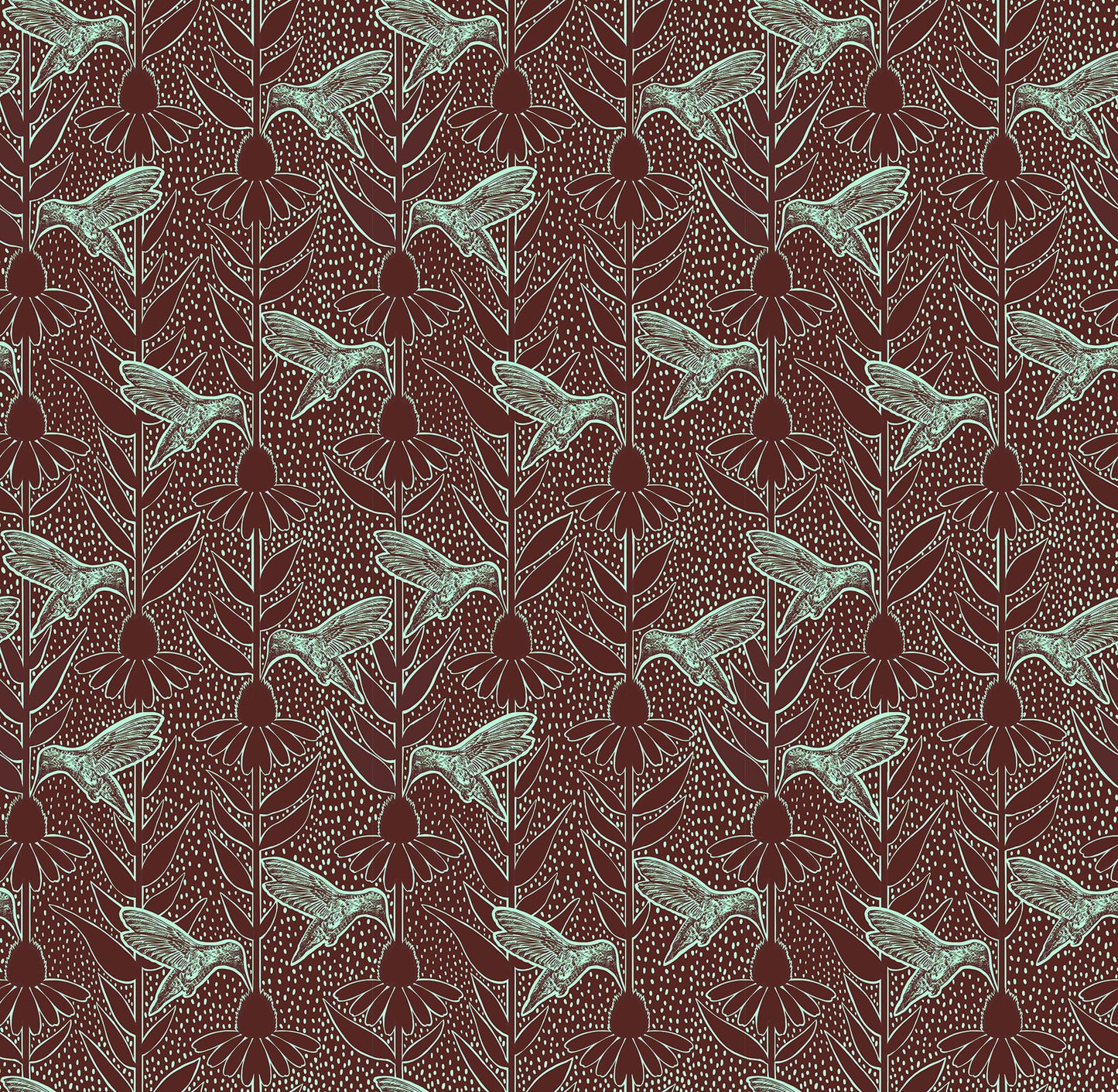 Patterned fabric with hummingbird and coneflower design on a dark background