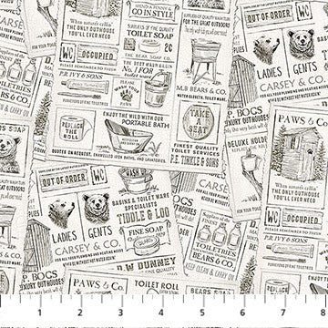 Bear Necessities Bear News fabric in cream by Deborah Edwards for Northcott Fabrics - 100% cotton quilting fabric featuring whimsical woodland bear newspaper print