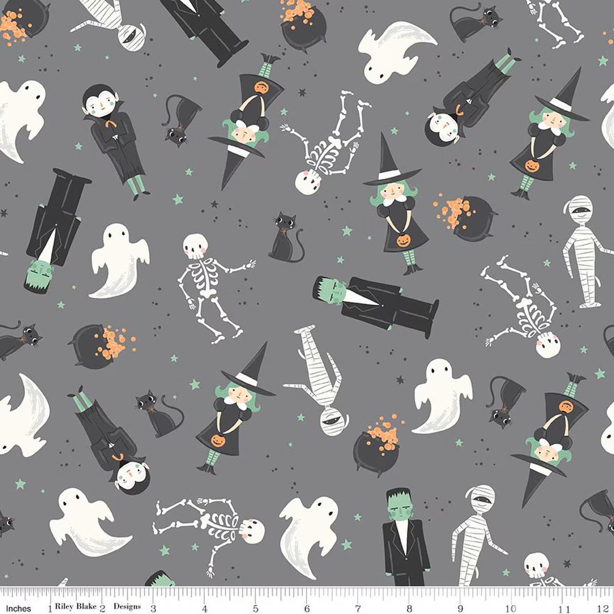 Halloween-themed fabric with ghosts, skeletons, and other characters on a gray background.