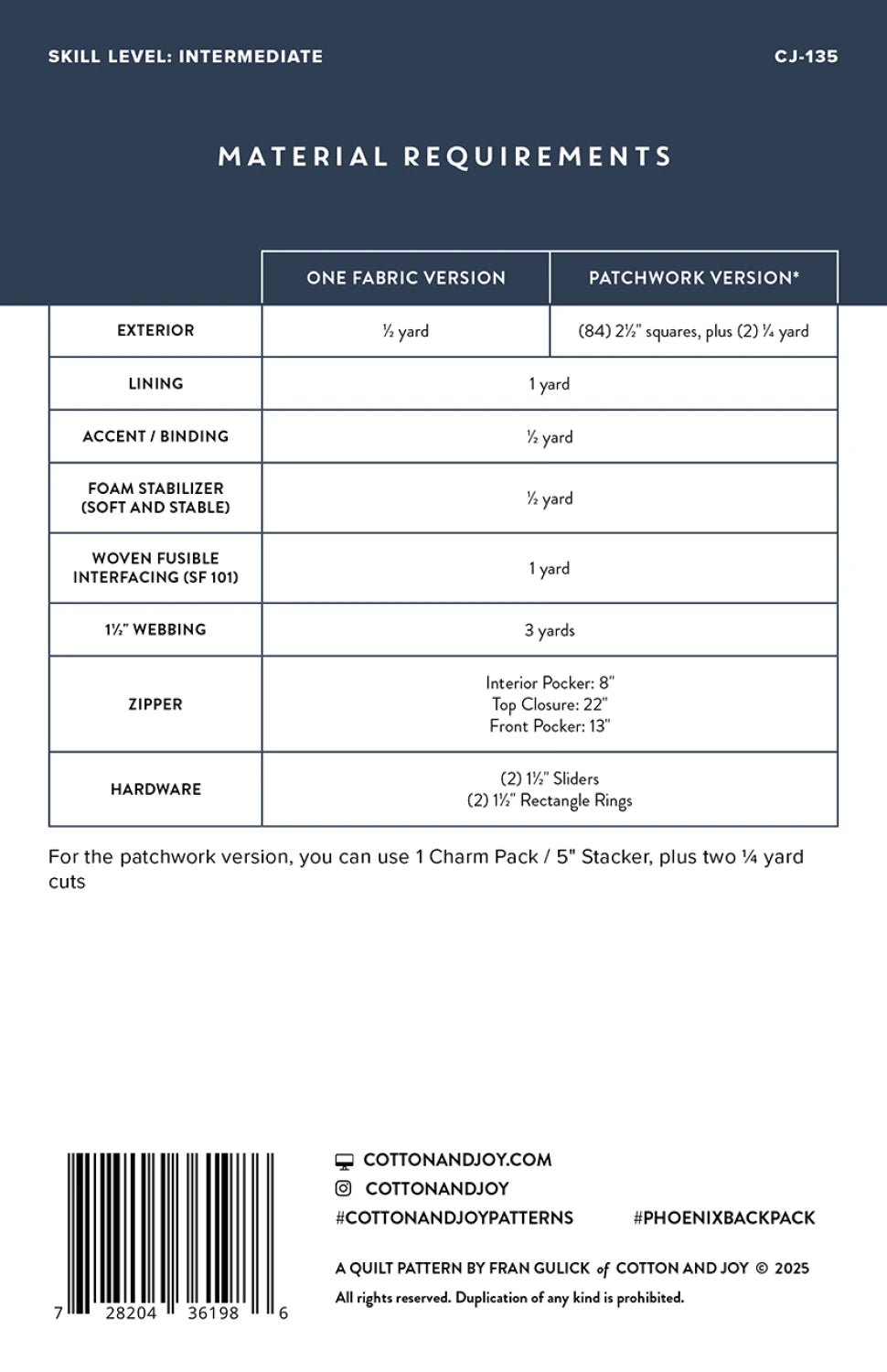 Phoenix Backpack pattern fabric requirements chart showing yardage needed for different backpack sizes