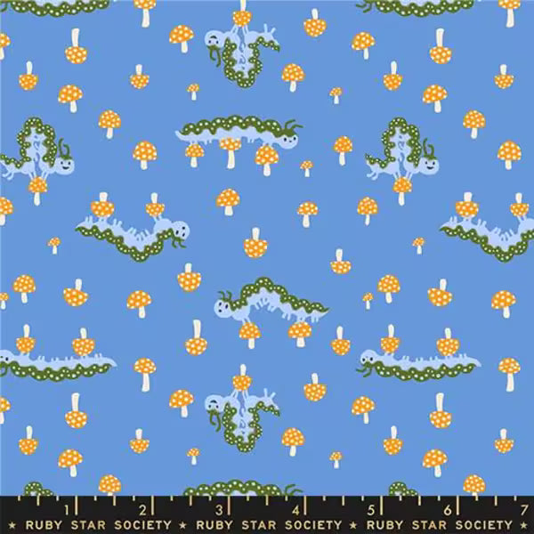 Hello Alice Caterpillar fabric in Lindley blue by Sarah Watts for Ruby Star Society - 100% cotton quilting fabric featuring whimsical Alice in Wonderland caterpillar print