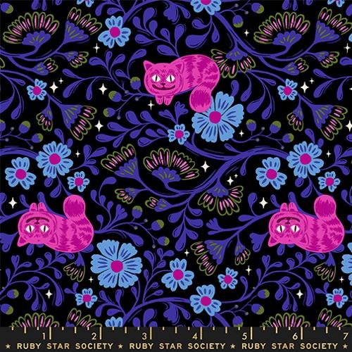 Hello Alice Cheshire Cat fabric in black by Sarah Watts for Ruby Star Society - 100% cotton quilting fabric featuring whimsical Alice in Wonderland Cheshire Cat print