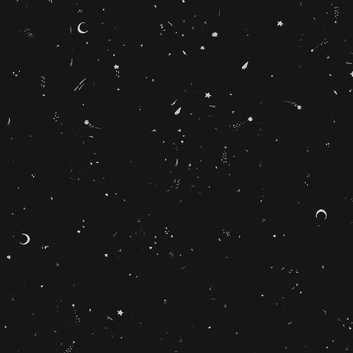 In the Dark Phantom from Enshadow by Katrina Rocella — moons and specks small print on deep black blender quilting cotton
