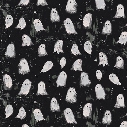 Oh My Ghost Noir from Enshadow by Katrina Rocella — white drifting ghosts on black and grey quilting cotton