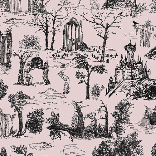 Shadowmere Moon Petal from Enshadow by Katrina Rocella — black spooky trees, castles and landscape silhouettes on pink directional quilting cotton