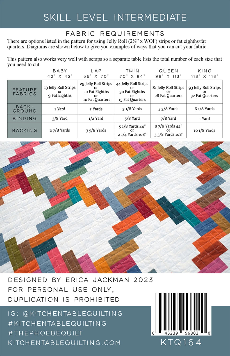 Quilt pattern with fabric requirements and design details on a blue background