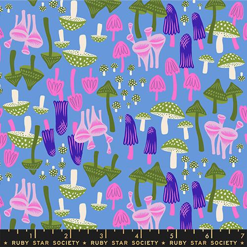 Hello Alice Mushroom Land fabric in Lindley blue by Sarah Watts for Ruby Star Society - 100% cotton quilting fabric featuring whimsical Alice in Wonderland mushroom print