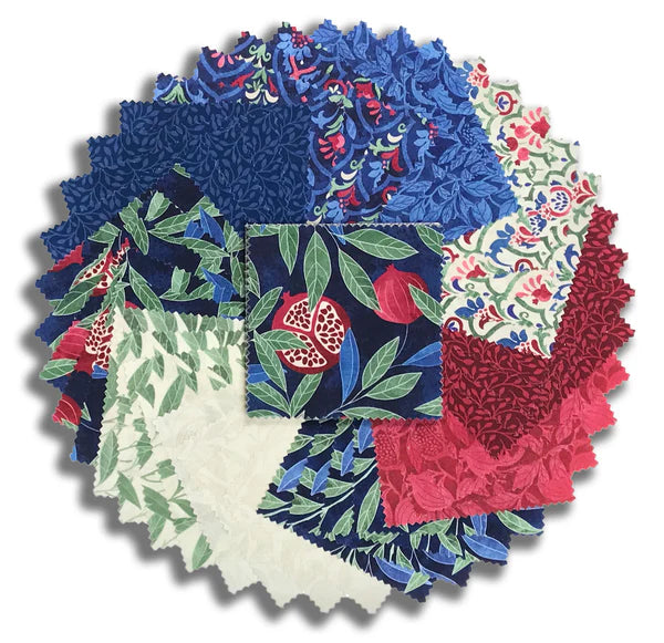 Pomegranate Charm Pack by Northcott Studios - 42 precut 5x5 inch squares featuring woodland themed 100% cotton quilting fabrics in navy, cream, and red