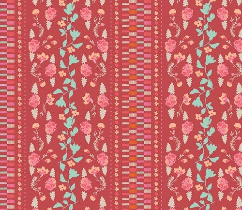 A repeating vertical pattern featuring pink and coral floral motifs with mint green leaves, accented by orange and cream geometric stripes on a coral-red background.