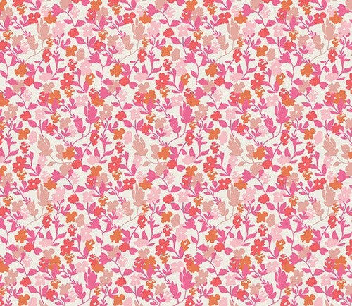 A seamless repeating floral pattern featuring pink, coral, and orange flowers with green stems and leaves on a light cream background.