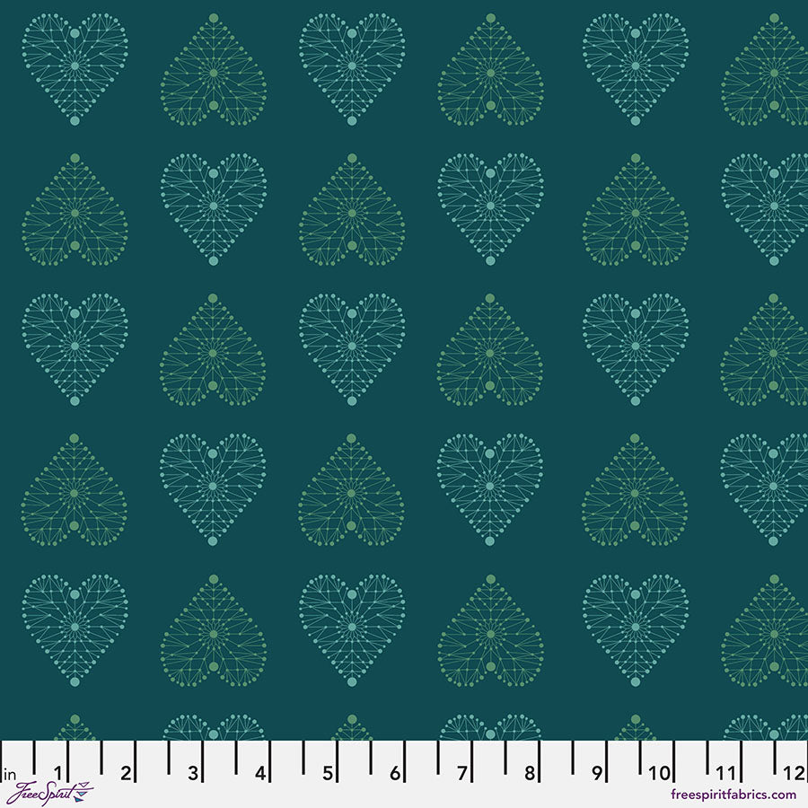 Enrapture Armour Turquoise quilting fabric by Giucy Giuce for FreeSpirit showing geometric armor pattern in bright turquoise tones