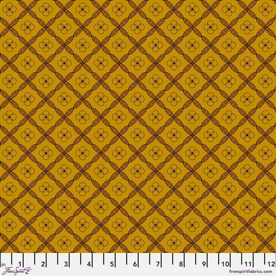 Enrapture Titles Carnelian quilting fabric by Giucy Giuce for FreeSpirit showing geometric tile pattern in warm orange carnelian tones