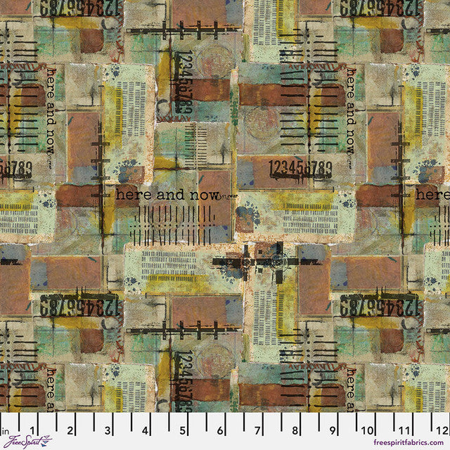 On Your Mark Here and Now fabric in desert by Seth Apter for FreeSpirit Fabrics - 100% cotton quilting fabric featuring abstract text print in warm desert tones