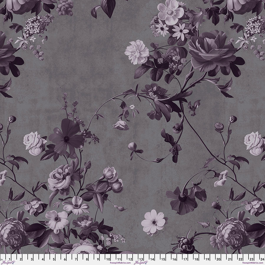 Floral pattern with purple and white flowers on a gray background