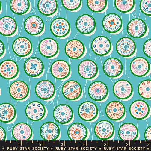 Trinketry spools print fabric in turquoise by Melody Miller for Ruby Star Society - 100% cotton quilting fabric 43/44 inches wide