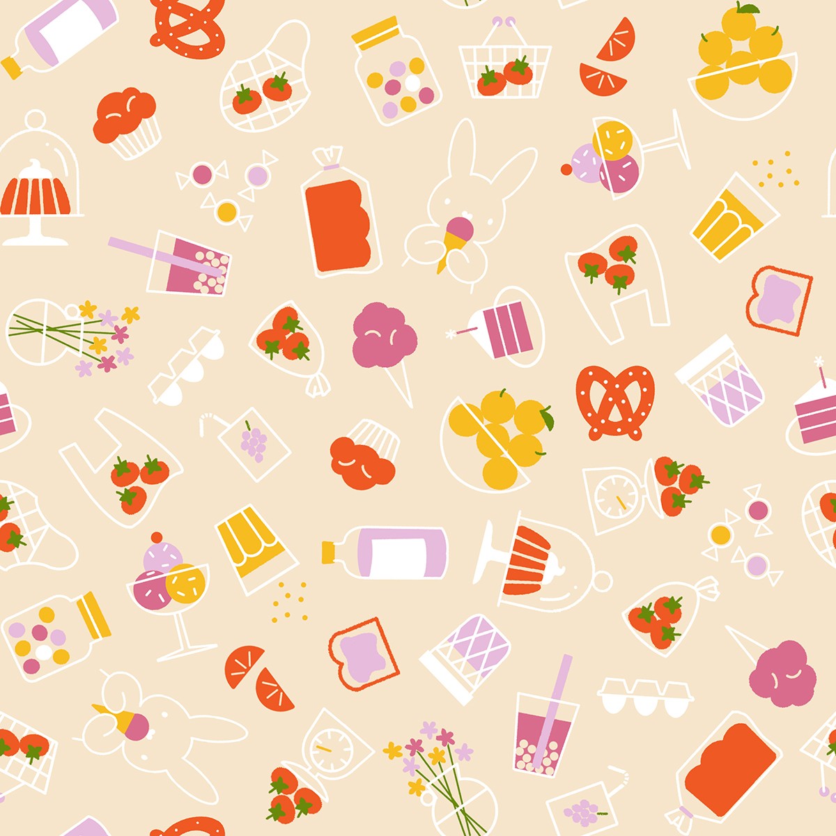Beige fabric with colorful illustrations of food, drinks, flowers, and bunnies in a whimsical scattered pattern.