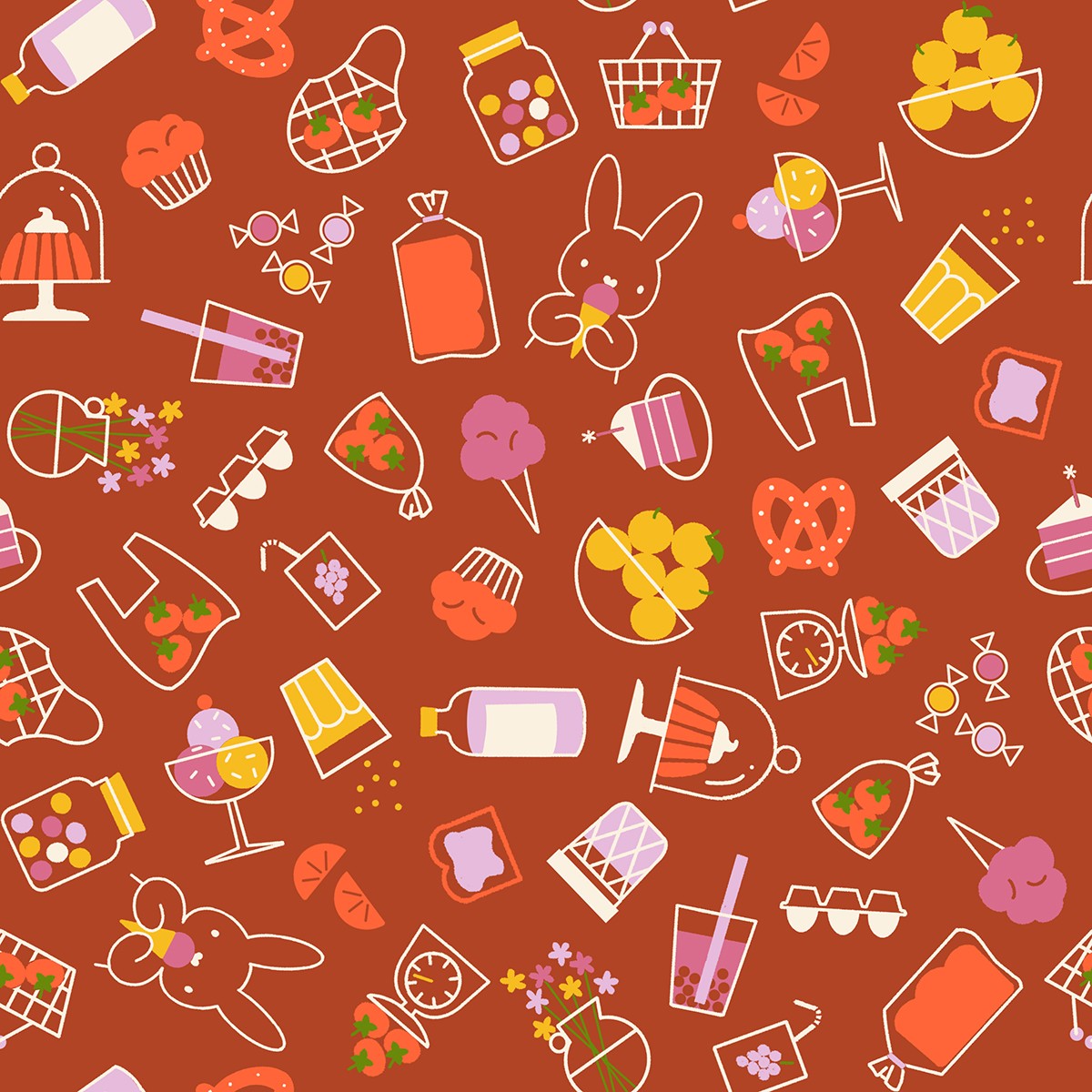 Whimsical reddish‑brown fabric with colorful food, drink, and bunny illustrations in a playful scattered pattern.