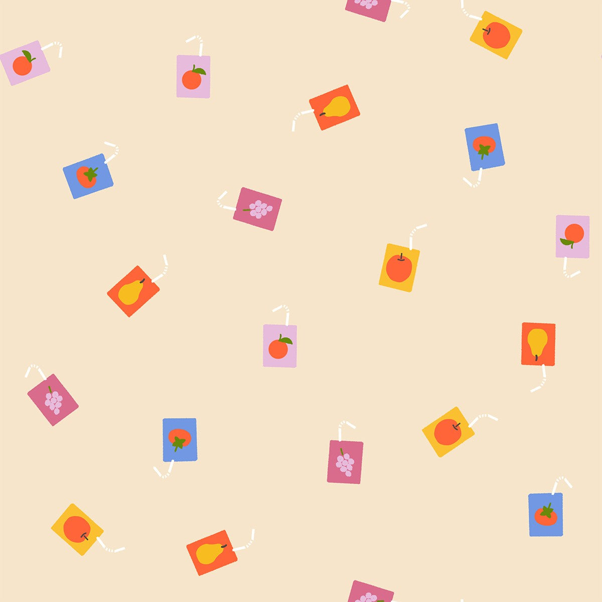 Playful beige fabric with scattered colorful juice boxes featuring fruit illustrations and white straws.