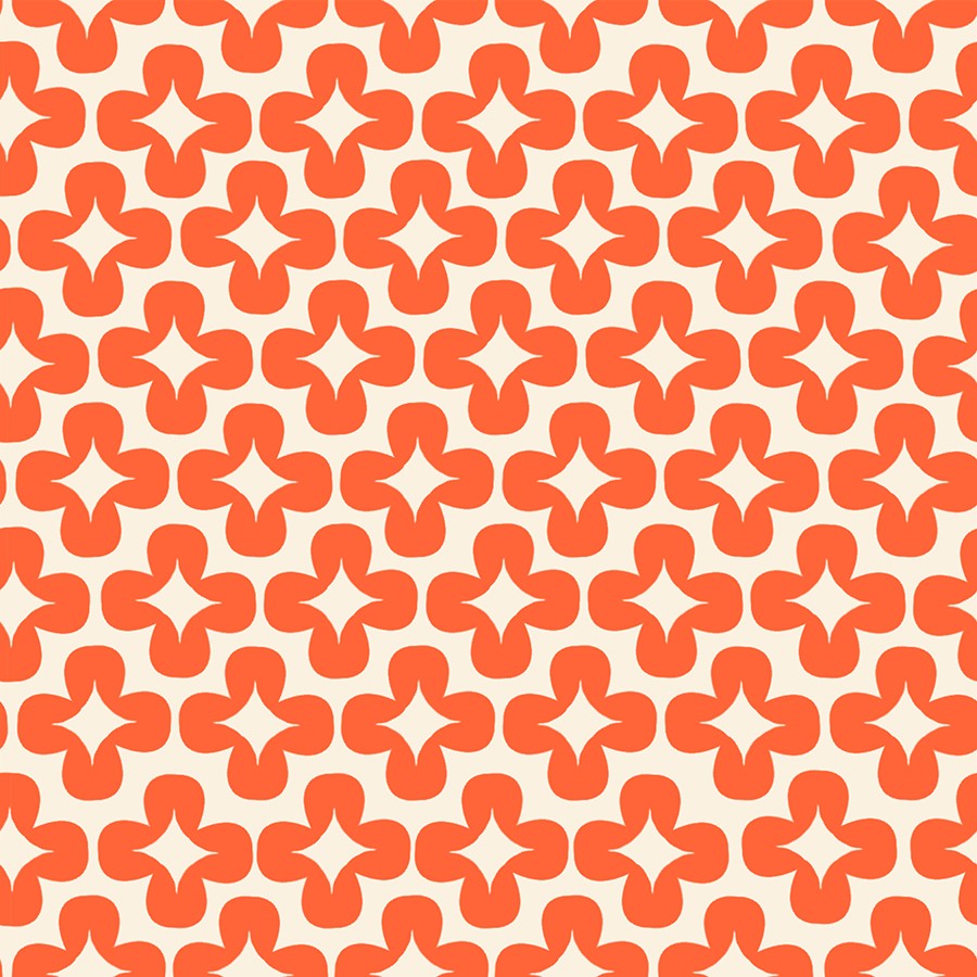 Cream fabric with repeating orange geometric flower shapes in a bold, modern pattern.