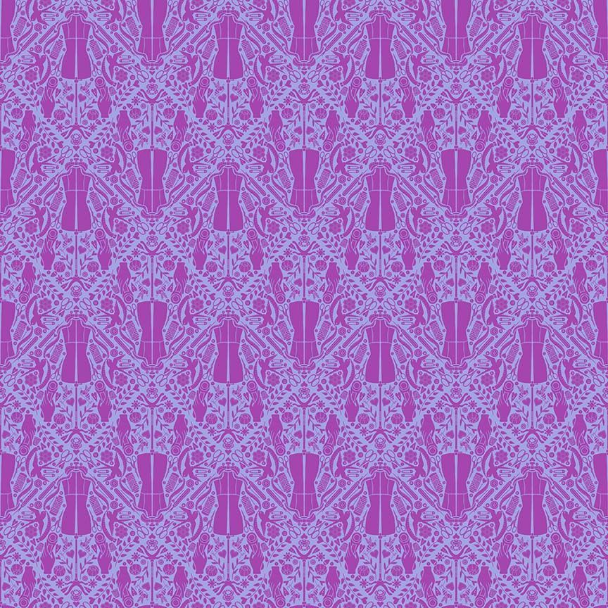 Dear Stella Quilty Helpurrs Orchid fabric by Pammie Jane - purple cats with sewing notions print on quilting cotton
