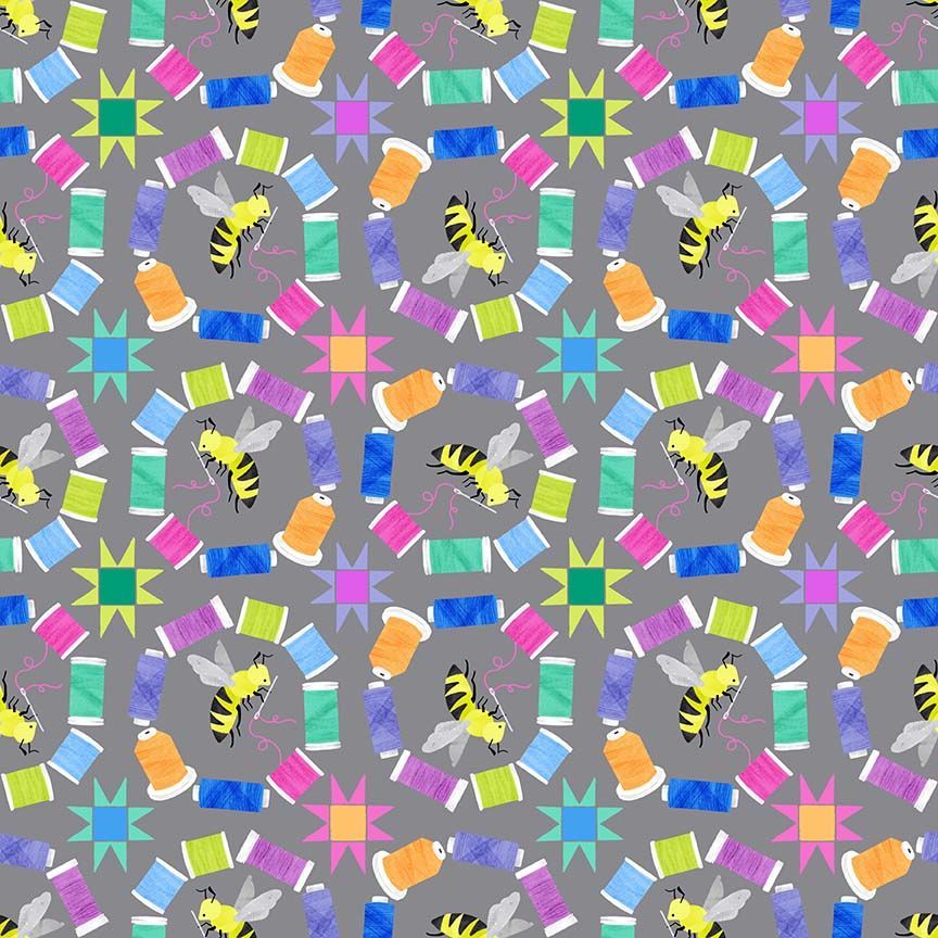 Dear Stella Quilty Helpurrs Limestone fabric by Pammie Jane - gray cats quilting bee print on beige quilting cotton