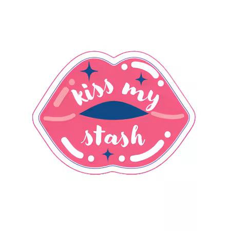 Pink lips-shaped vinyl sticker with white “Kiss my stash” lettering and dark teal star accents.
