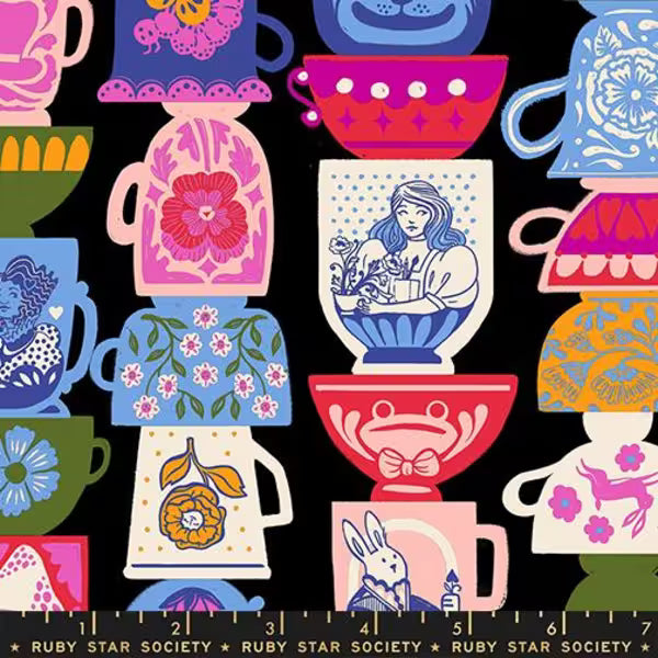 Hello Alice Tea Party fabric in black by Sarah Watts for Ruby Star Society - 100% cotton quilting fabric featuring whimsical Alice in Wonderland tea party print