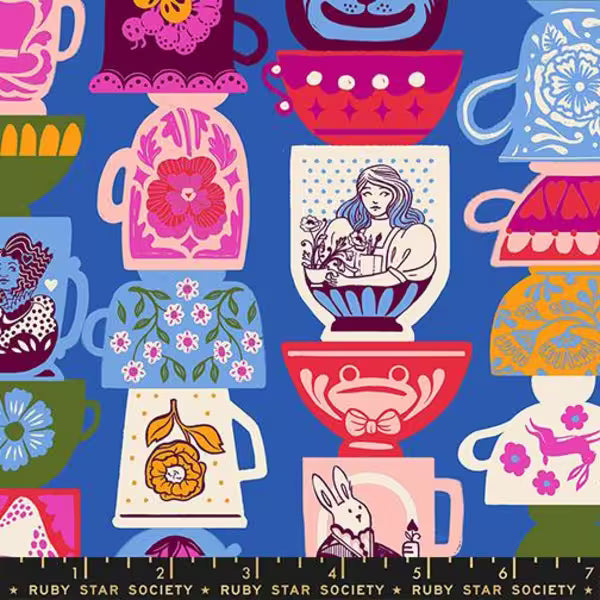 Hello Alice Tea Party fabric in blue ribbon by Sarah Watts for Ruby Star Society - 100% cotton quilting fabric featuring whimsical Alice in Wonderland tea party print