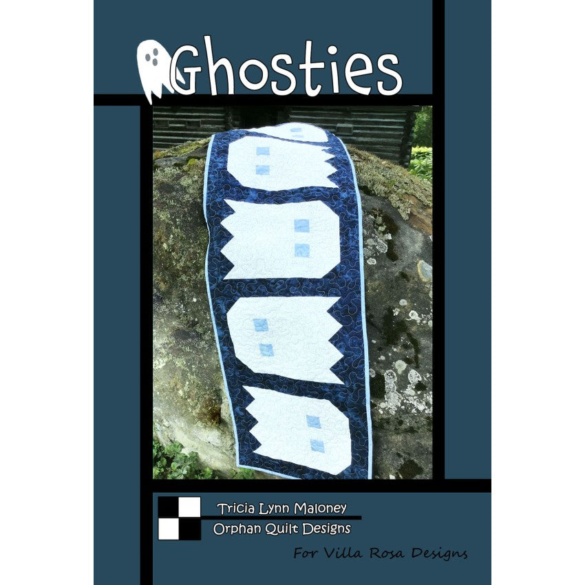 Ghosties Halloween table runner pattern by Tricia Lynn Maloney for Villa Rosa Designs showing modern 16x57 inch seasonal quilt design