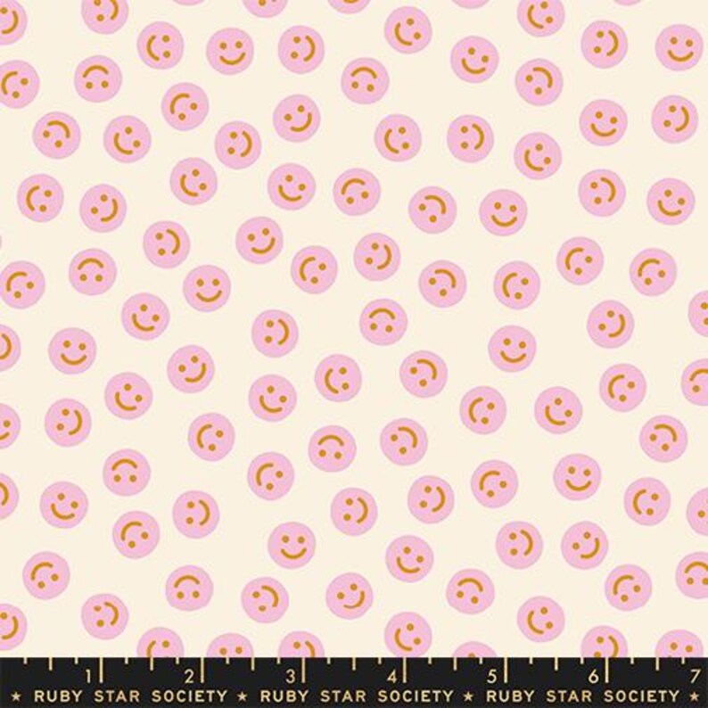 Egg and Friends Smiley fabric in natural by Kimberly Kight for Ruby Star Society - 100% cotton quilting fabric featuring retro kitsch smiley face print